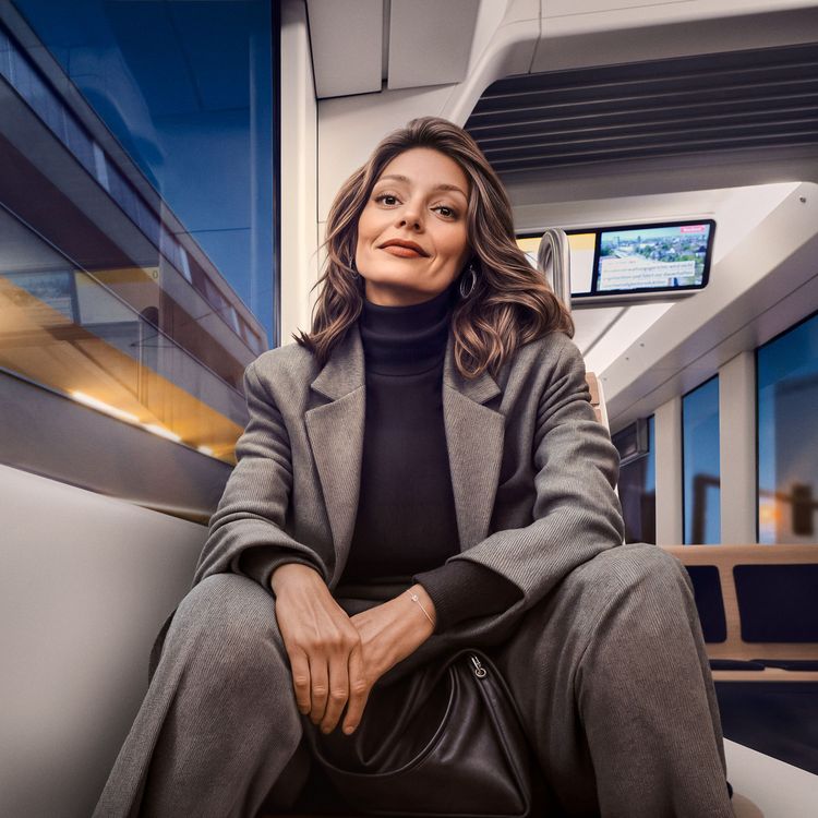 Lächelnde Frau in elegantem grauem Business-Anzug und schwarzem Rollkragenpullover sitzt entspannt am Fenster eines modernen Zugabteils mit schwarzer Handtasche vor ihr stehen.